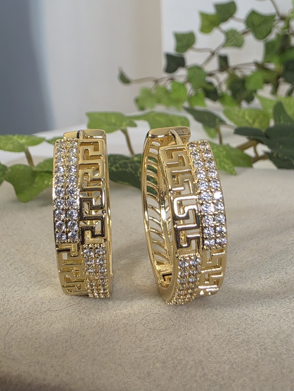 Gold Filled Greek Key CZ Wide Hoop Earrings Statement Hinged Huggie